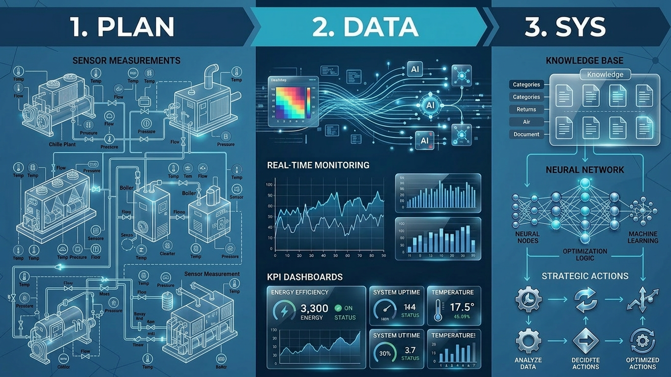Englische Visualisierung von Planung, Datenanalyse und System-Wissensbasis für digitale technische Beratung